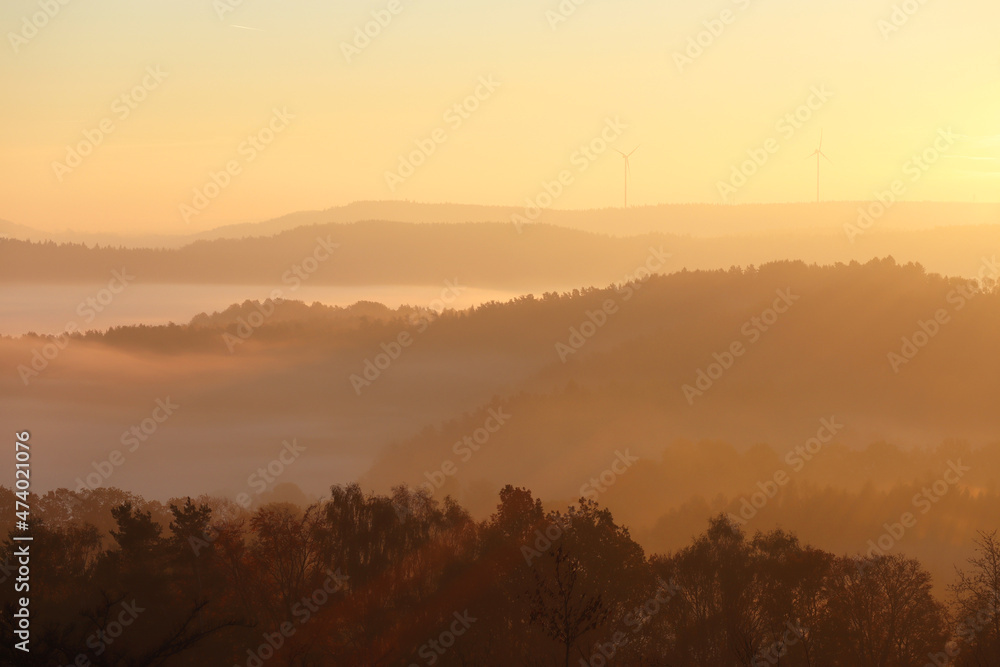 Fototapeta premium Nebel am Morgen an der Neubürg im Landkreis Bayreuth 