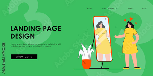 Cheerful young lady looking at mirror and winking isolated flat vector illustration. Cartoon woman cheering herself and getting love of self. Narcissism, body positive and beauty concept