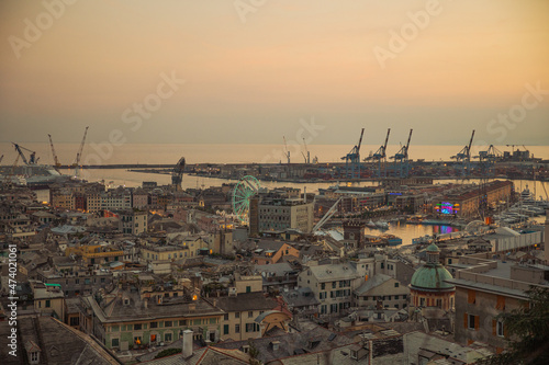  stunning panoramic aerial view of the port of Genoa In the evening