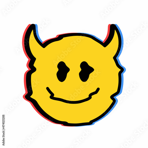 Smile melt face with devil horns burn in fire t-shirt print design. Vector hand drawn trendy cartoon character illustration. Smile melt face,demon,hell,techno print for t-shirt, poster concept
