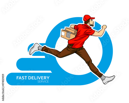Delivery man service running with big box in circle frame
