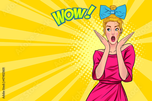 shocked woman with amazed face wow and hands up open mouth