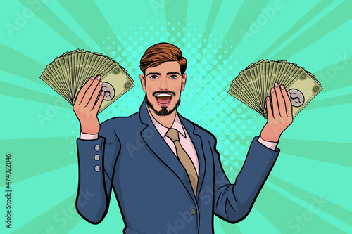 surprised business man smile and show lot of money in hands