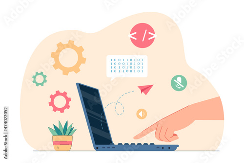Side view of hand pressing key on open laptop. Person working on portable computer flat vector illustration. Modern technology, communication concept for banner, website design or landing web page