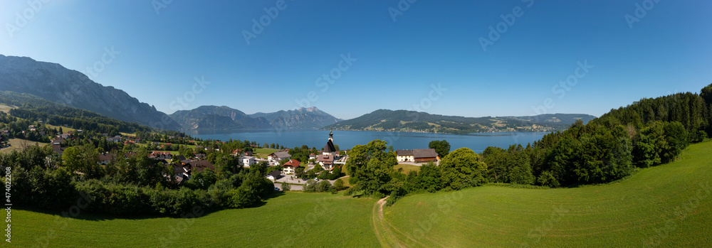 Austria, Upper Austria, Steinbach am Attersee, Drone panorama of small town on shore of Lake Atter Austria, Upper Austria, Steinbach am Attersee, Drone panorama of small town on shore of Lake Atter