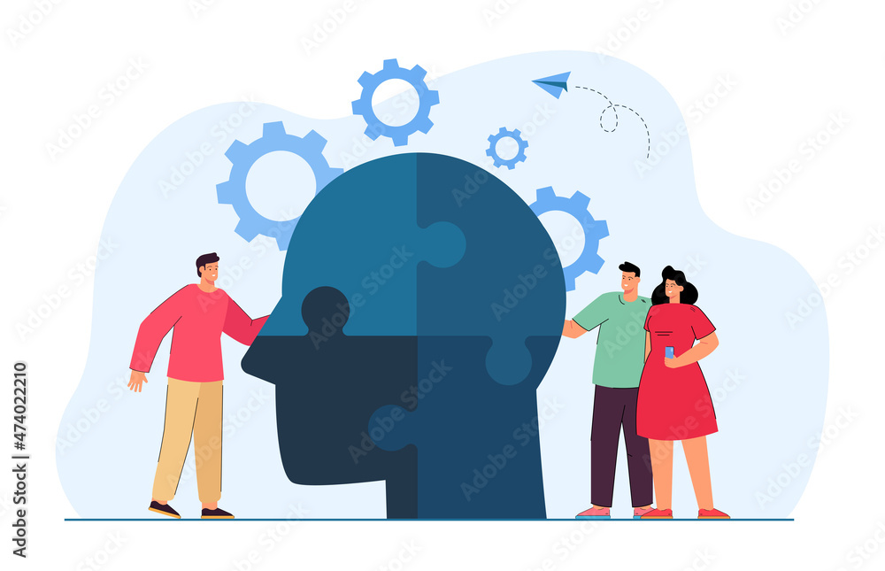 Office people putting pieces of jigsaw of head puzzle together. Symbol of psychological help or personality, partnership flat vector illustration. Mental health, support, leadership concept for banner