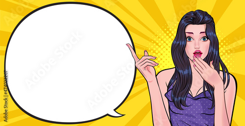 surprised woman telling something and pointing speech bubble