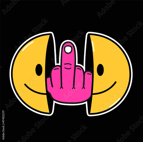 Two half of smile face with middle finger gesture inside t-shirt print. Vector hand drawn cartoon character illustration.Trippy smile face, middle finger gesture print for t-shirt,posyer concept