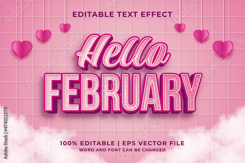 Editable text effect - Hello February 3d template style premium vector