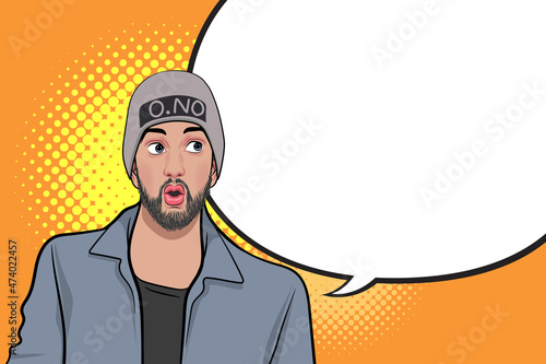 wondering young man with wool cap looking to speech bubble