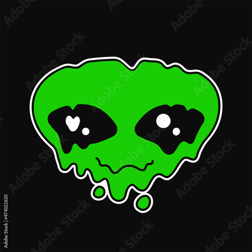 Funny psychedelic alien with melt smile face.Vector cartoon character illustration logo.Smile green alien groovy face melt,acid,techno,trippy print for t-shirt,poster,card concept