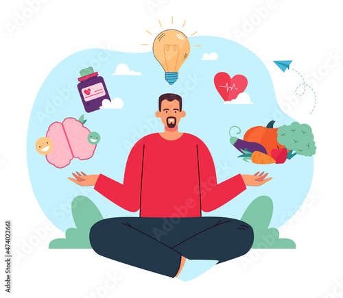 Male person with healthy body and mind meditating. Holistic healing, physical and mental health flat vector illustration. Healthy lifestyle, wellness concept for banner, website design or landing page