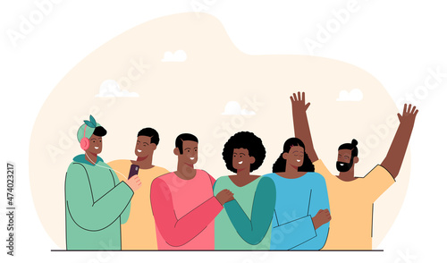 Crowd of happy African American people standing together. Black male and female persons flat vector illustration. Diversity, community, communication concept for banner, website design or landing page