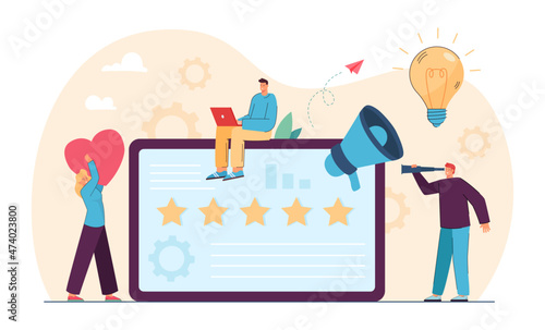 Company people studying analytics and customer feedback. SEO management, digital marketing flat vector illustration. Brand reputation, social media concept for banner, website design or landing page