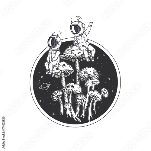 Mushrooms are like planets. Space illustration. Tattoo sketch.