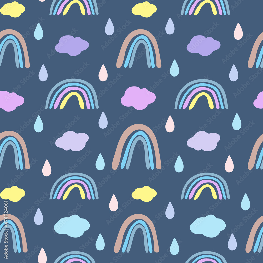 Seamless pattern with rainbows and clouds in Scandinavian style. Boho pattern for the nursery.Hand drawn rainbow vector. Seamless pattern with rainbows and clouds in Scandinavian style. Boho pattern for the nursery.Hand drawn rainbow vector.