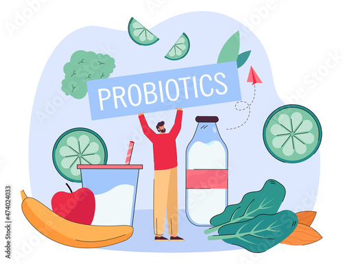 Tiny cartoon man holding big probiotics sign. Person with healthy diet and probiotic foods, gut health flat vector illustration. Healthy lifestyle, food concept for banner or landing web page