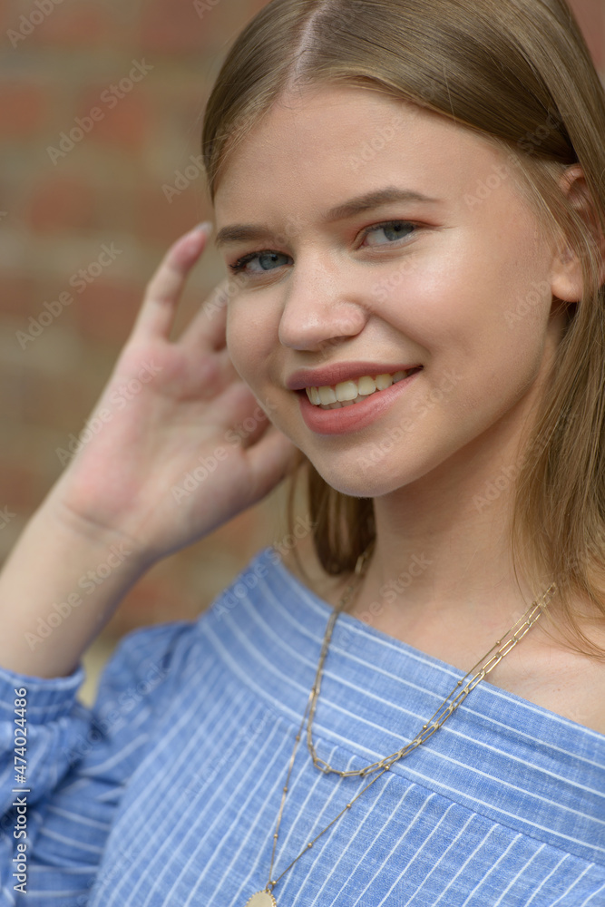 Fototapeta premium Close up fashion portrait of pretty girl, have long amazing brunette hairs