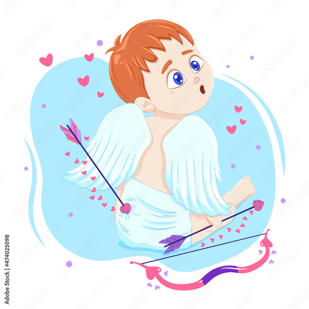 Cute vector cupid with bow and arrow. Cartoon cupid with hearts. Nice little kid with wings. Funny cupid. Cute vector cupid with bow and arrow. Cartoon cupid with hearts. Nice little kid with wings. Funny cupid.