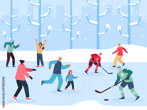 Ice rink with people skating and playing hockey. Adults and children having fun in winter flat vector illustration. Sports, family, winter, outdoor activity concept for banner or landing web page