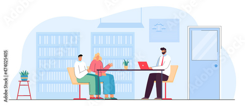 Legal or financial advisor making contract with married couple. Judge with laptop consulting clients in lawyer office flat vector illustration. Law, family, divorce concept for banner, website design