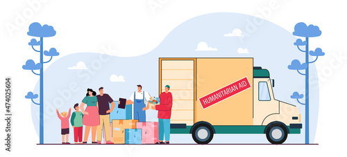 Volunteers and family next to humanitarian aid van. People giving boxes with food to refugees flat vector illustration. Charity, support, assistance concept for banner, website design or landing page
