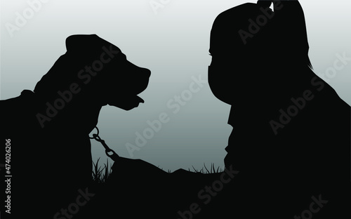 Pet and owner in landscape illustration. Dog and people isolated on white background. Vector graphic eps 10.