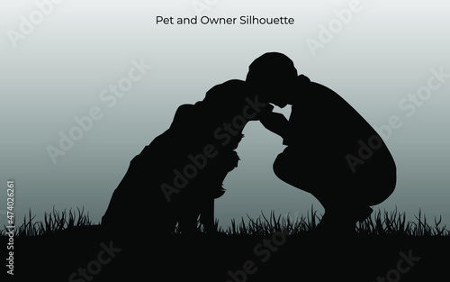 Pet and owner in landscape illustration. Dog and people isolated on white background. Vector graphic eps 10.