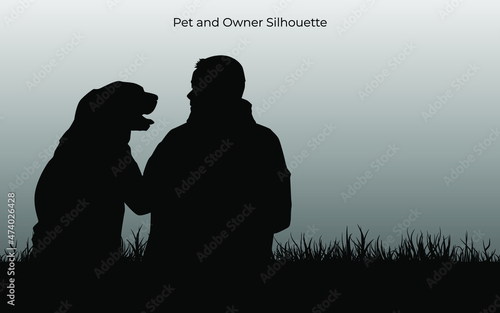 Pet and owner in landscape illustration. Dog and people isolated on white background. Vector graphic eps 10.
