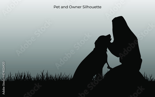 Pet and owner in landscape illustration. Dog and people isolated on white background. Vector graphic eps 10.
