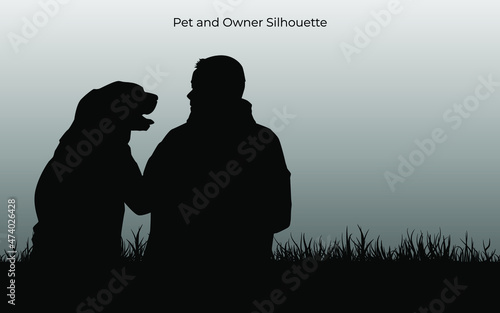 Pet and owner in landscape illustration. Dog and people isolated on white background. Vector graphic eps 10.