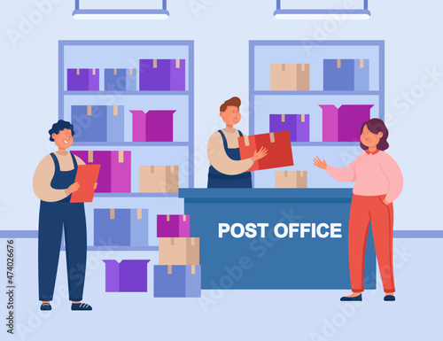 Post office worker in uniform giving cardboard box to woman. Receiving order or mail package by female customer at pick up point with pallets flat vector illustration. Delivery service concept