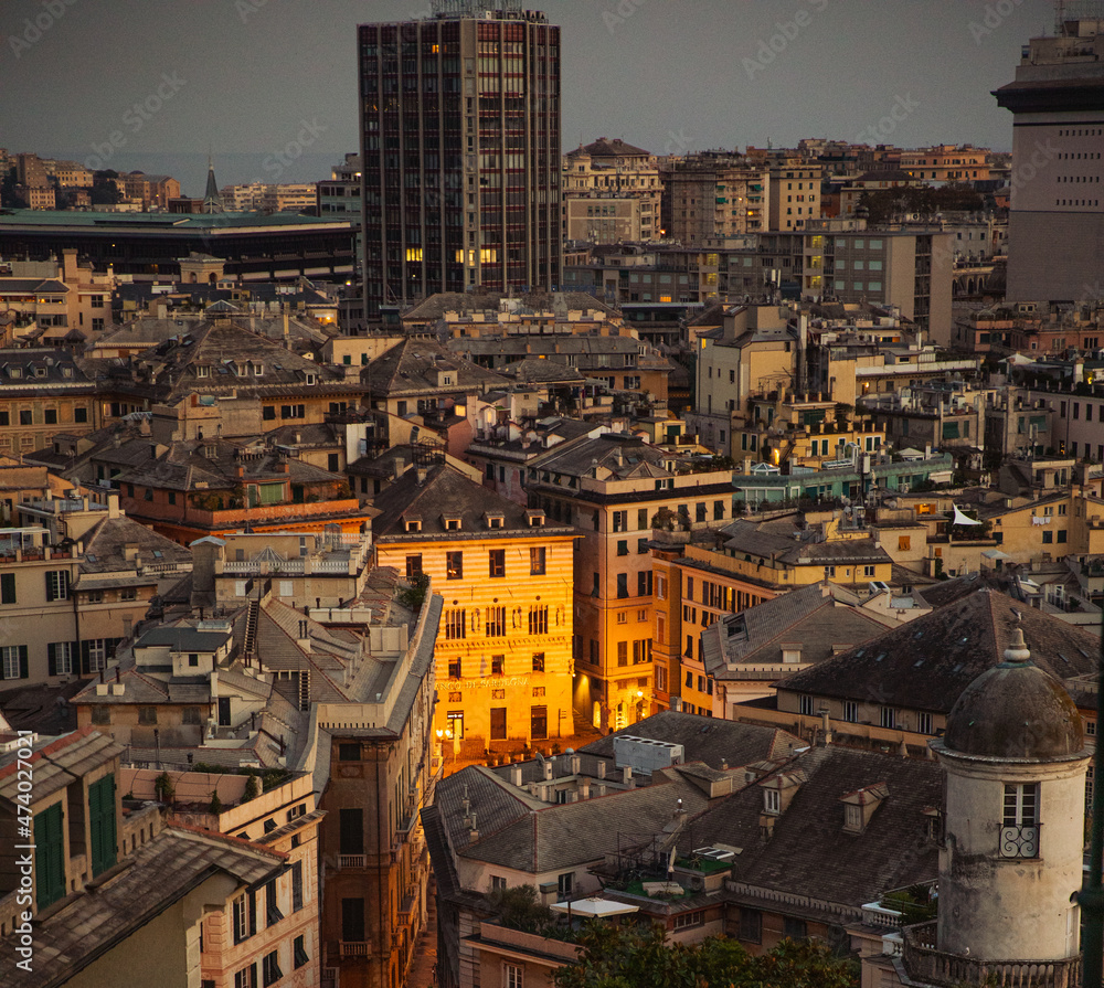 spectacular views of the historic city center of Genoa from Castelletto at sunset