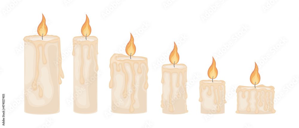 An illustration depicting six romantic burning candles. Wax candles of different sizes and shapes. Six candle flames, vector illustration isolated on white background