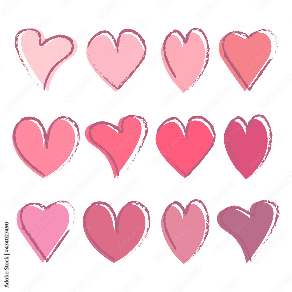 A large bright set with the image of hearts drawn by hand, of different shapes and shades. Collection of hearts for Valentine s Day. Vector illustration isolated on a white background