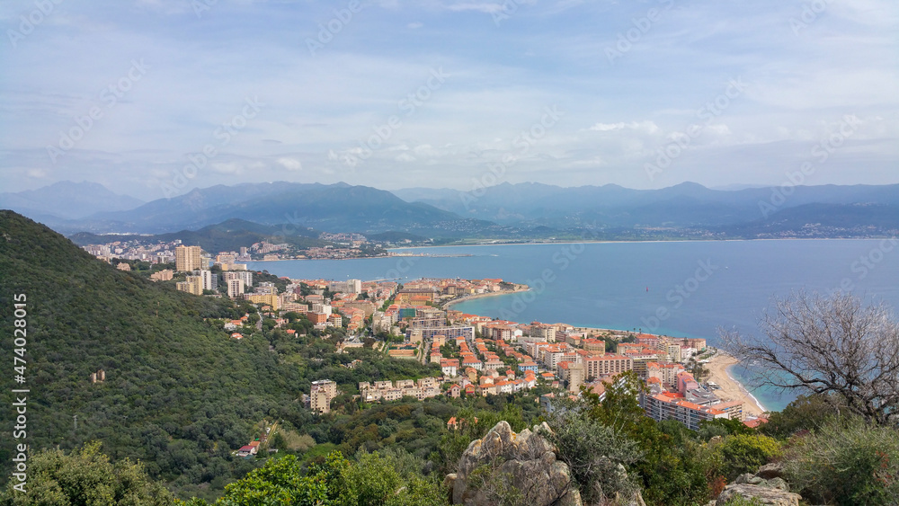 Ajaccio's landscape and Mediterranean Sea from the mountain, South of Corsica, France.