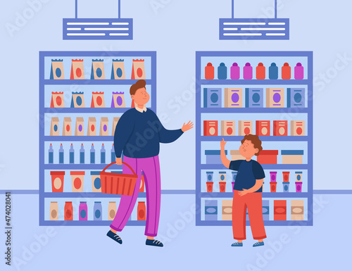 Father and son shopping in grocery department of supermarket. Man with basket and child standing in aisle near food shelves, choosing product flat vector illustration. Consumption, hypermarket concept