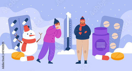 Tiny sick people suffering from cold allergy symptoms. Woman sneezing into tissue, man freezing due to low temperature flat vector illustration. Winter season disease, pharmacy, treatment concept