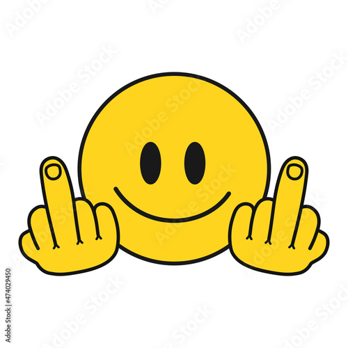 Smile face with middle finger gesture t-shirt print. Vector hand drawn cartoon character illustration.Smile face, middle finger gesture print for t-shirt,poster concept