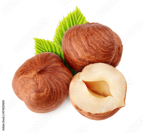 Hazelnuts with leaves isolated on white background