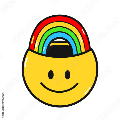 Funny smile face with rainbow inside. Vector hand drawn doodle 90s style cartoon character illustration.Positive smile face,antidepressant,rainbow,creative mind concept