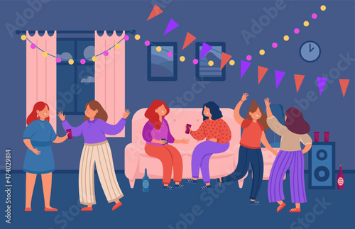 Cheerful female best friends gathering on home party together. People drinking alcohol, celebrating and dancing to music indoor flat vector illustration. Holiday celebration, friendship concept