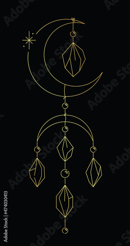 Golden vector lineart sketch crystal dreamcatcher with moon on black