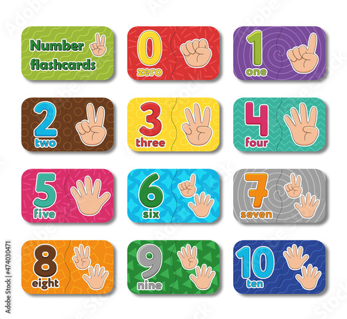 Children's educational flashcards with numbers. Counting on the fingers. Kids learn to count zero to ten. Baby cards with numbers for counting photo