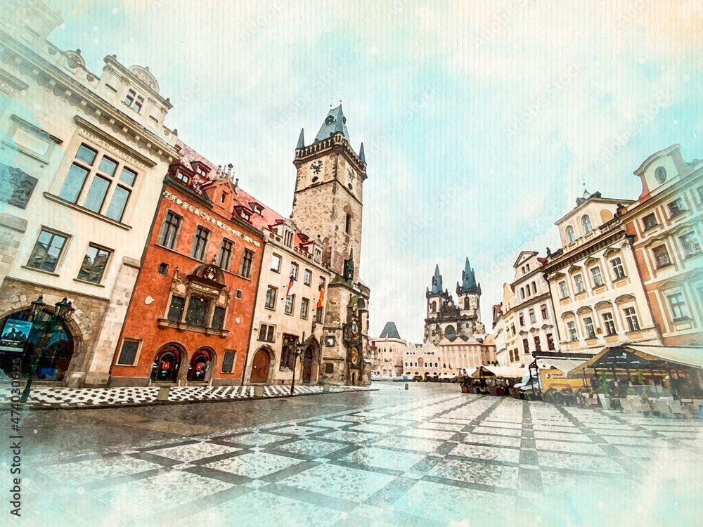 Watercolor pattern of Prague cityscape colorful illustration