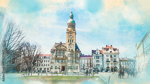 Watercolor pattern of town hall in Prostejov colorful illustration