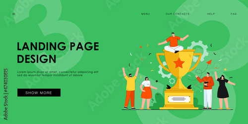 Tiny corporative winners celebrating victory flat vector illustration. Cartoon happy champion team near huge golden cup or award. Business success, teamwork and challenge concept