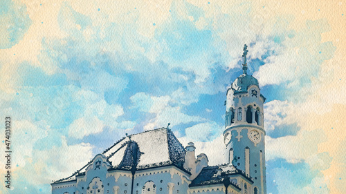 Watercolor pattern of church in Bratislava colorful illustration photo