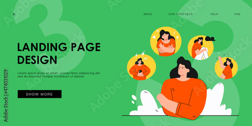 Woman in different moods and states vector illustration. Person suffering from distracted behavior, mood changes, feeling angry, sad or happy. For mental disorder, stress, bipolar disease concept