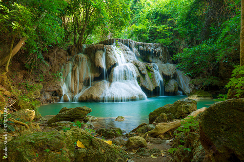 Huay Mae Khamin Waterfall. Nature landscape of Kanchanaburi district in natural area. it is located in Thailand for travel trip on holiday and vacation background  tourist attraction